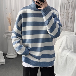 Áo Sweater Tay Dài Cổ Lọ Dáng Rộng Họa Tiết Kẻ Sọc Phong Cách Hàn Quốc Thời Trang Mùa Đông Cho Nam