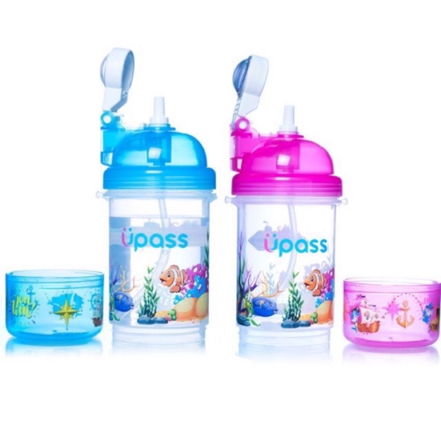 Bình uống nước ống hút cao cấp nắp bật có khay đựng kẹo Upass UP0826Y 400ml