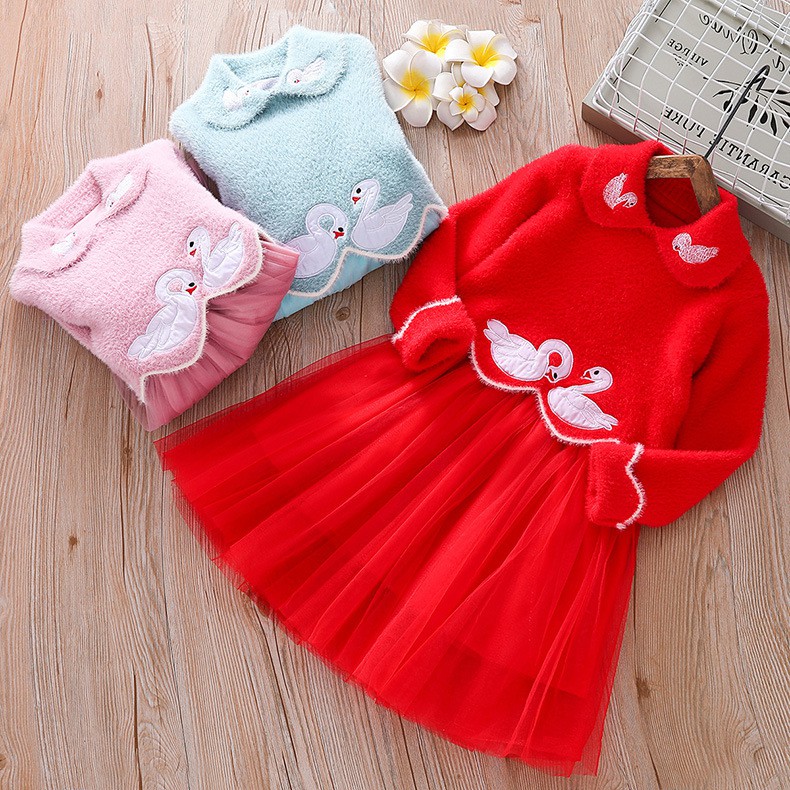 Váy công chúa thân len cổ bé phối đôi thiên nga cho bé gái lớn size 15-35kg (HÀNG QCCC)