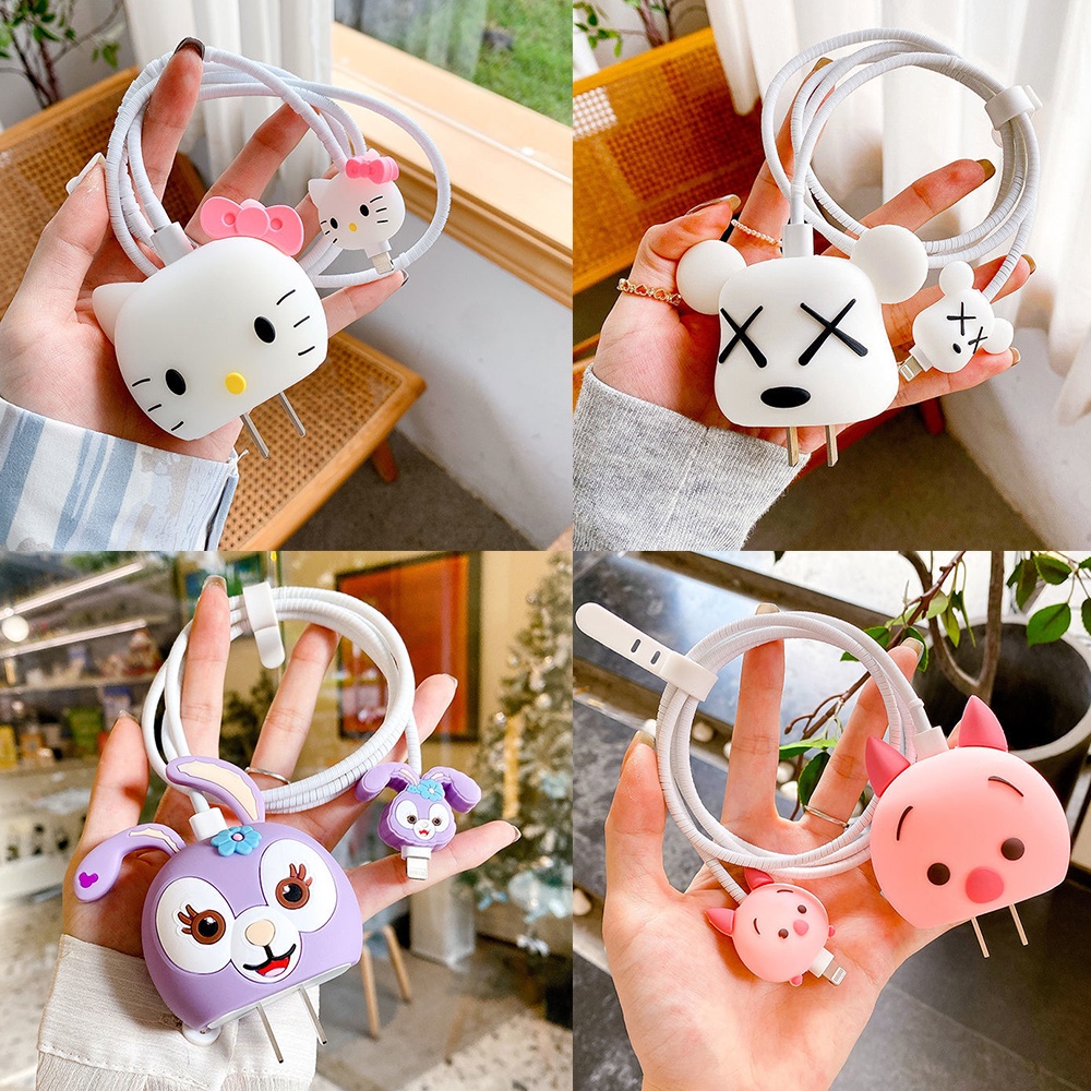 Set 4 phụ kiện bảo vệ đầu dây cáp sạc nhanh hoạt hình cho compatible for 18W 20W 13 12 11 Pro Max