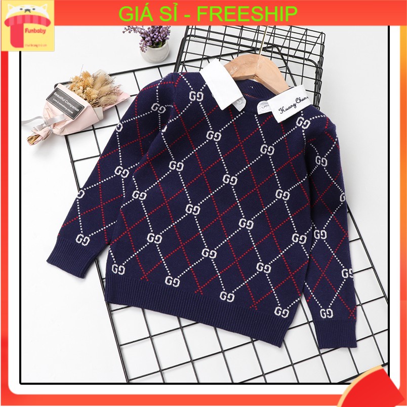 Áo len in chữ cổ sơ mi bé trai 3-8 tuổi