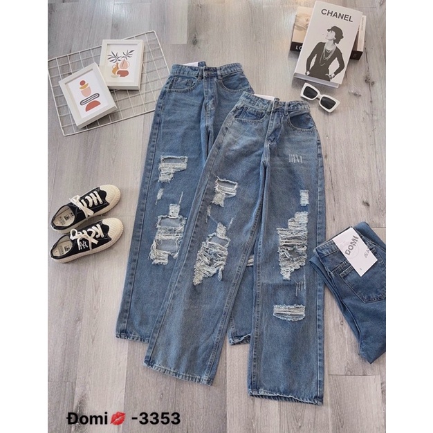 Quần Baggy Nữ Ống Rộng Rách Lưng Cao Size SML, Quần Baggy Jean Nữ Hàng VNXK Ms3353