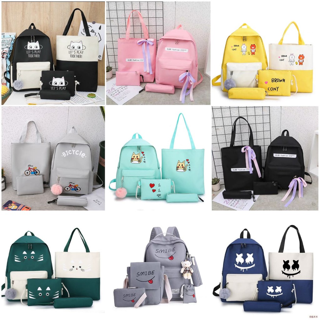 4 món túi tote balo thời trang ulzzang,set balo 4 món món kèm hộp bút túi canvas