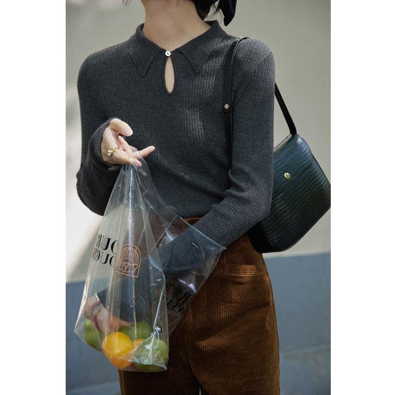 Áo sweater dệt kim cổ bẻ màu trơn phong cách retro thời trang mùa đông dễ phối đồ cho nữ