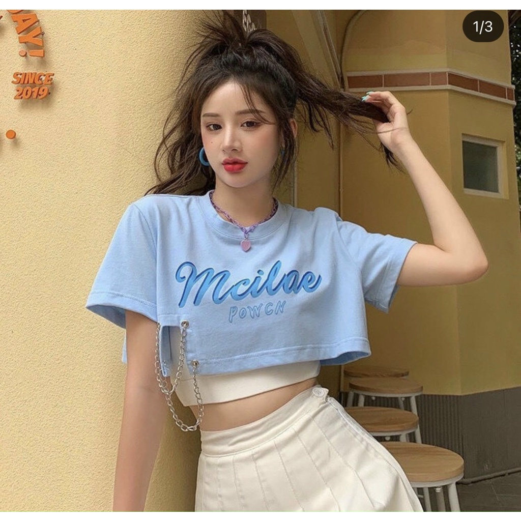 Sét áo croptop in chữ kiểu xẻ tà dây xích cực xinh , chất coton dày dặn