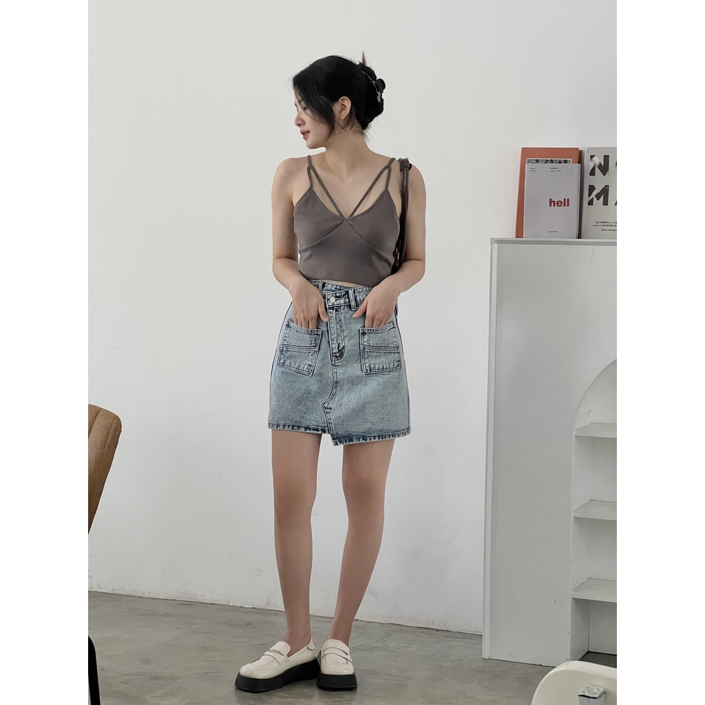 Áo 2 dây thun nữ cúp ngực dây chéo trước thời trang GAGO màu xám tro GA4055