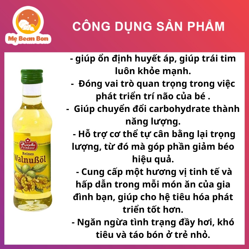 Dầu Ăn Dặm cho bé từ 6 tháng Óc Chó Đức Walnubol 100ml với chiết xuất 100% từ quả óc chó tự nhiên giúp bổ sung omega-3