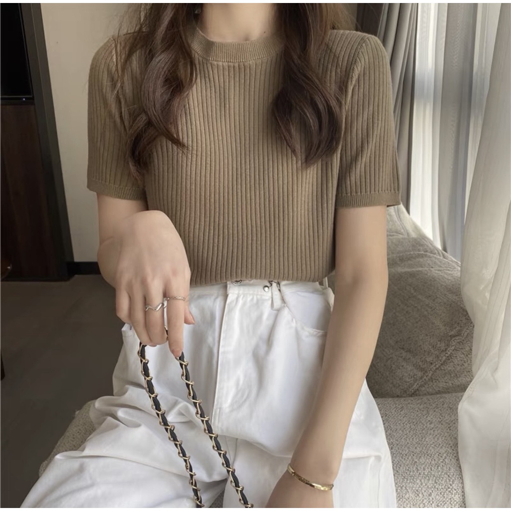 Áo len tăm đũa dáng ôm cộc tay cổ tròn basic