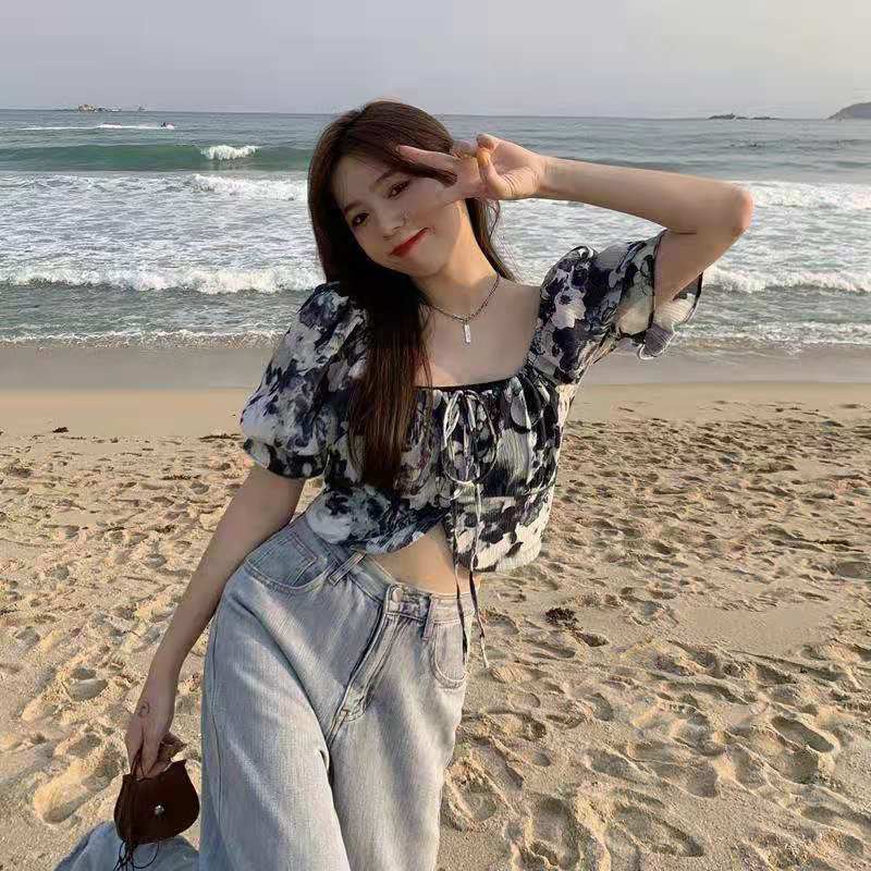 Áo croptop BH nhuộm màu ống tay phồng thời trang mùa hè 2021 cho nữ