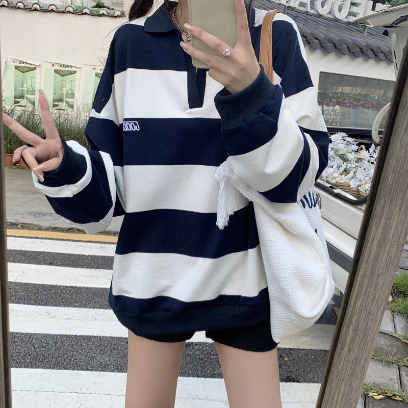 Áo thun polo ZHELIHANGFEI tay dài kẻ sọc thêu họa tiết kiểu retro dễ phối đồ