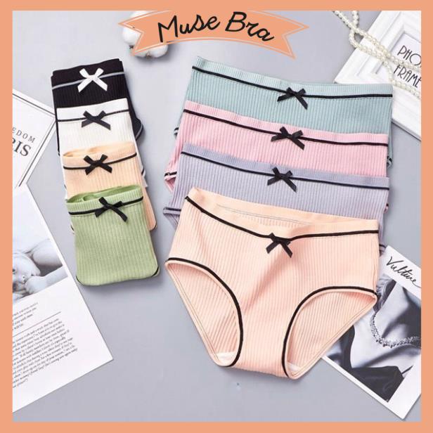 [Giá sỉ] Set 5- 10 Quần Lót Cotton Gân Kẻ Phối Nơ