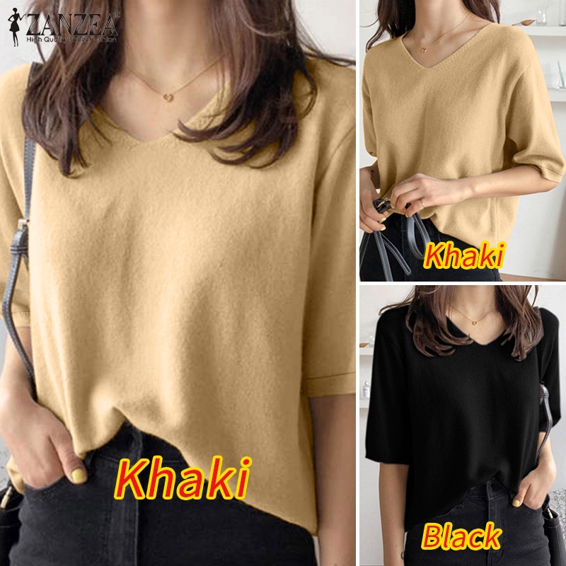 Áo ZANZEA dệt kim tay lửng cổ chữ V thời trang dành cho nữ