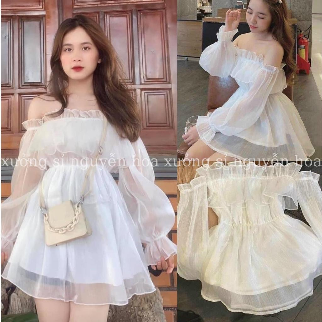 Áo babydoll trễ vai trắng chất voan tơ lụa 2 lớp phong cách tiểu thư dễ thương Xưởng Sỉ Nguyễn Hoa