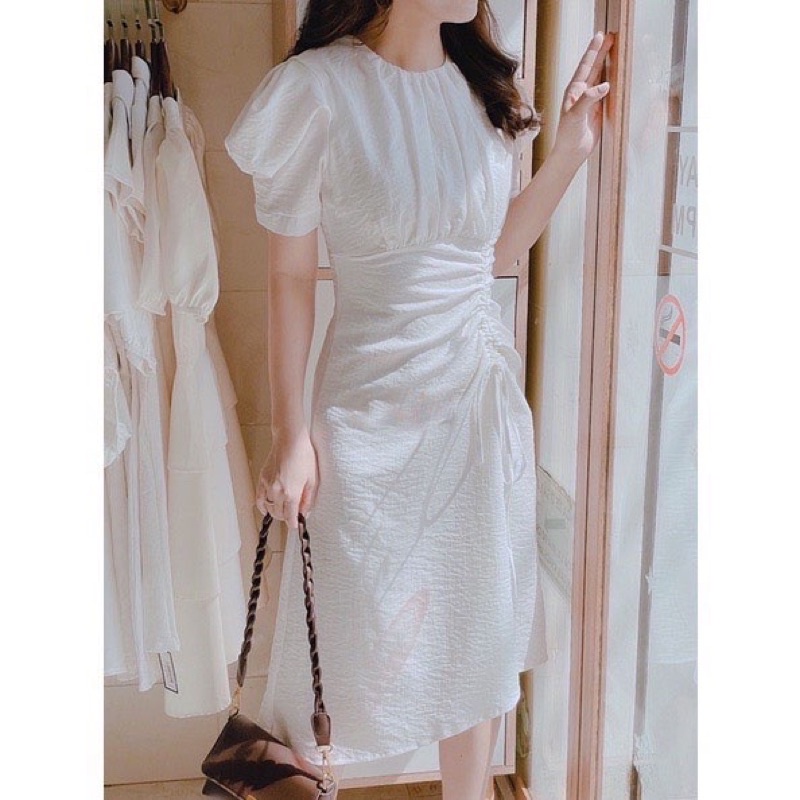 Đầm cổ tròn nhún ngực dây rút nhún eo