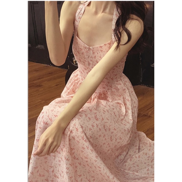 Đầm midi hoa nhí cổ yếm retro tiểu thư phong cách Pháp, váy midi hoa nhí cổ yếm