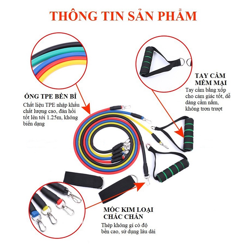 Bộ dây kháng lực ngũ sắc tập gym 11 món cao cấp - Resistance band dây kháng lực thể hình thể lực tập ngực body