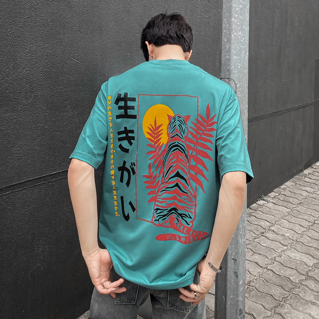 Áo Thun Con Hổ Họa Tiết Nhật Bản Xanh Lam Hình In Sắc Nét Chất Liệu 100% Cotton Form Rộng Thoải Mái Unisex Nam Nữ