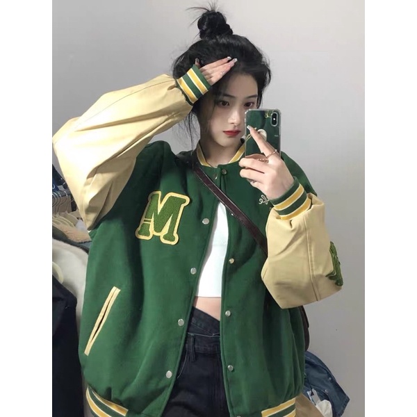 Áo khoác bomber varsity tay da hoạt tiết thêu phong cách retro thời trang nam nữ