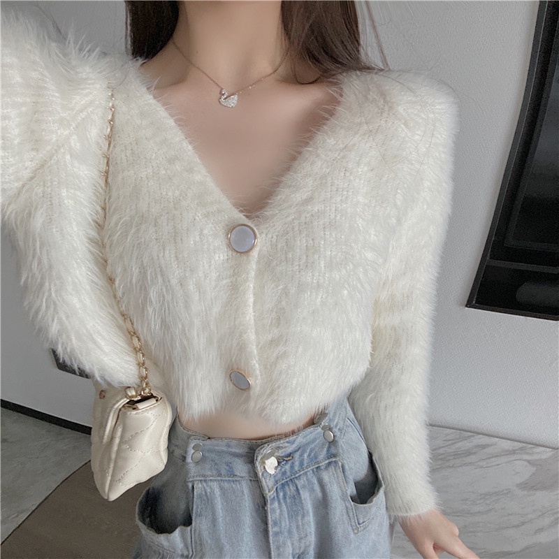 IELGYÁo Khoác Dệt Kim Dáng Rộng Cổ Chữ V Màu Trắng Thời Trang Cho Nữ