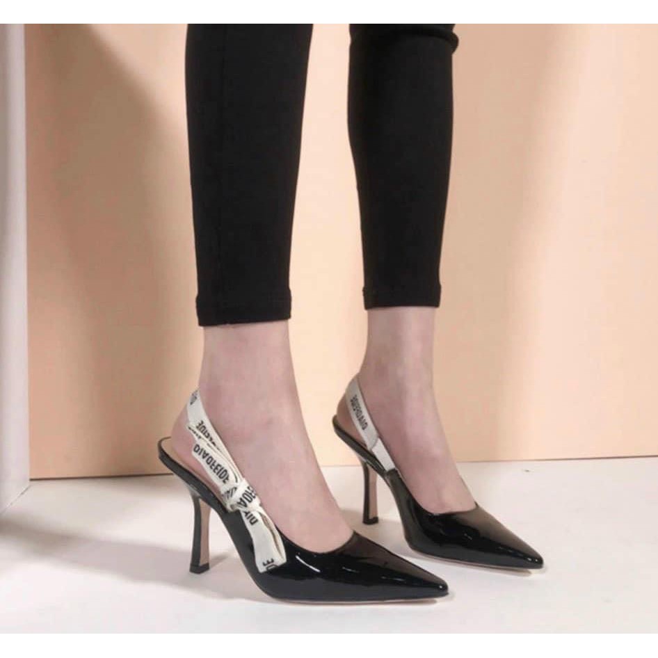 Giày cao gót da bóng quai chữ hai màu đen trắng hàng Quảng Châu fullbox