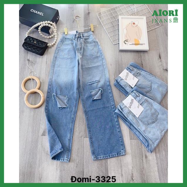 Quần Jean Nữ Aiori Fashion Ống Rộng Lưng Cao Trơn Rách Gối Loang Màu Bò Suông Cạp Cao Thời Trang Hàn Quốc Ulzzang_3325