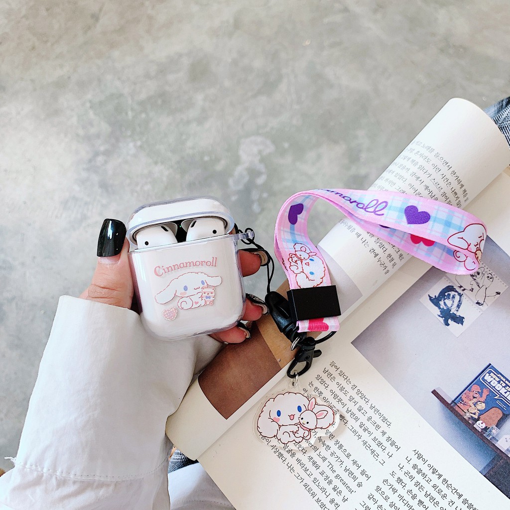 Vỏ Bảo Vệ Hộp Sạc Tai Nghe Airpods 1 / 2 / Pro Trong Suốt Họa Tiết Hello Kitty / Cinnamoroll Dễ Thương Kèm Dây Đeo