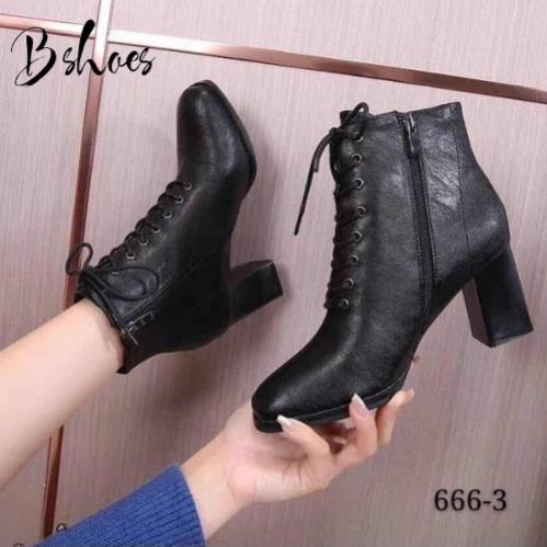 Giày boot nữ da mềm B SHOES, boot buộc dây siêu cá tính, boot mũi vuông cổ thấp, gót cao 7p B14 PNC