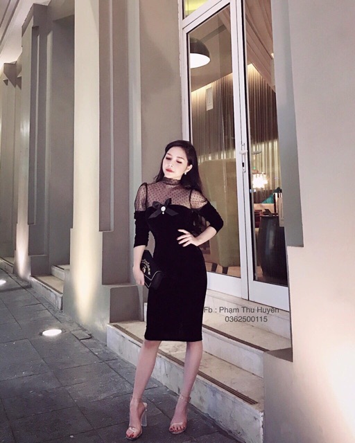 Váy body nhung pha lưới tag nơ siêu xinhhh