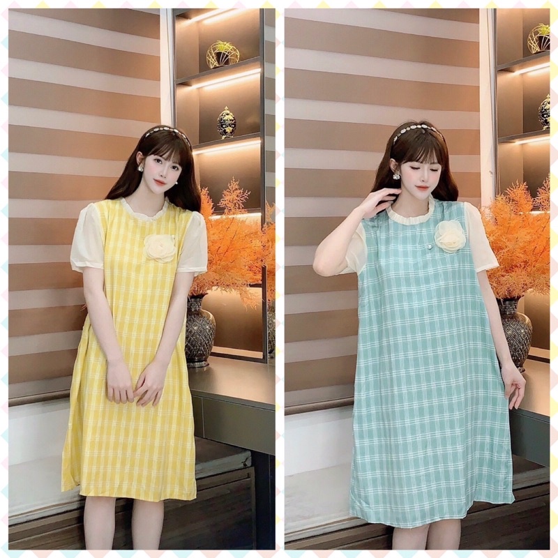 Váy bầu thời trang thiết kế MAMADRESS chất đũi lụa có HOA NGỰC mềm mại, nhẹ nhàng và mát V14