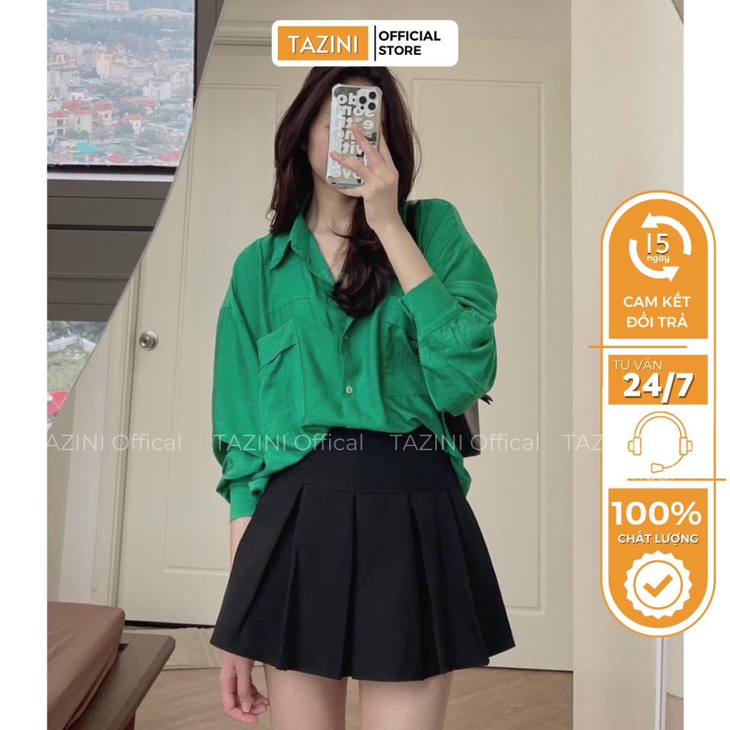 Áo sơ mi xanh form rộng túi ngực hai bên Tazini, sơ mi màu xanh dáng oversize - mã 1090
