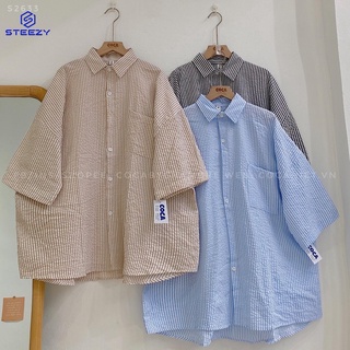 Áo sơ mi kẻ nhỏ tay lỡ vải xốp form oversize