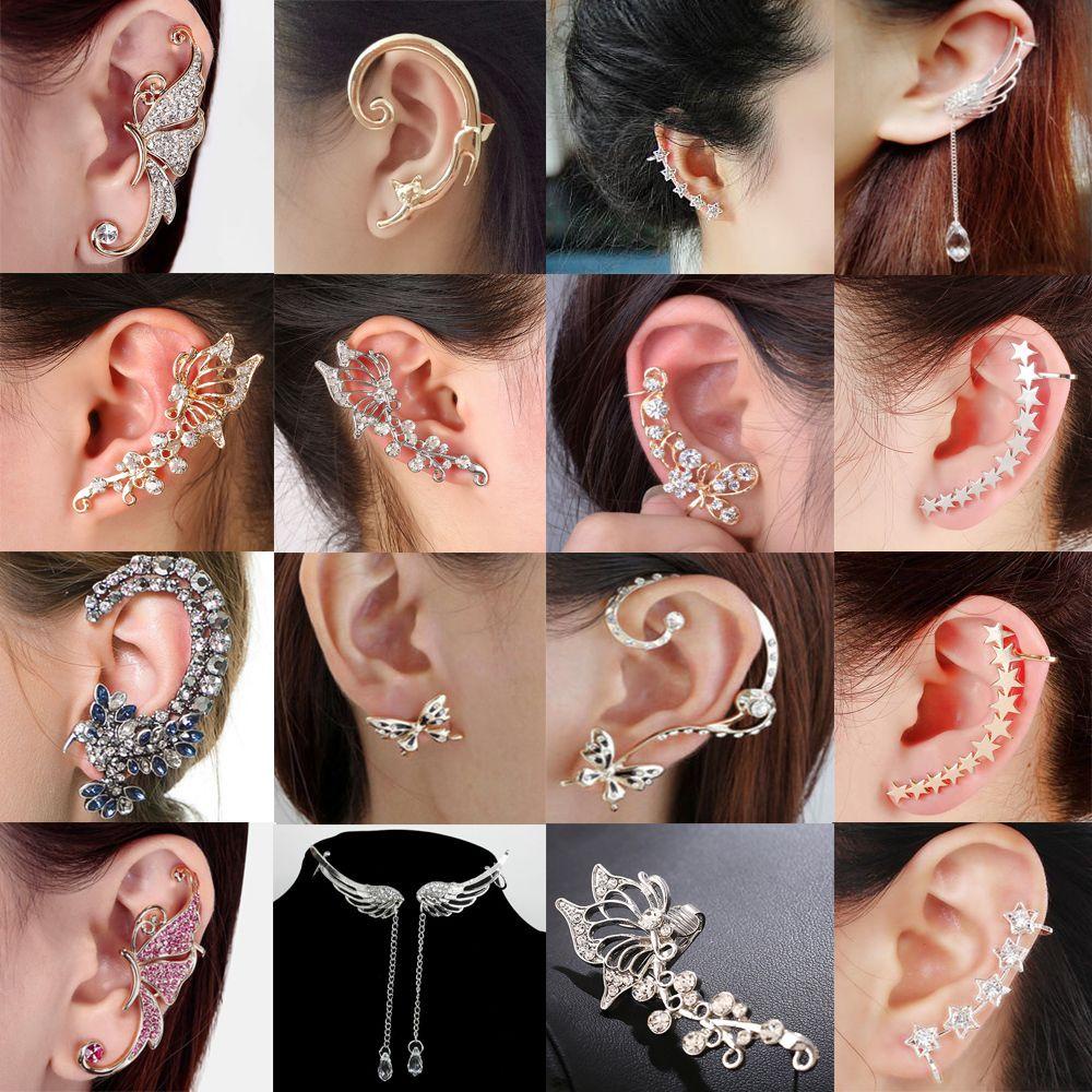 1 Cặp Khuyên Kẹp Vành Tai Hình Mèo/ Bông Hoa/ Bươm Bướm Đính Đá Lấp Lánh Thời Trang Cho Nữ|Khuyên Tai
