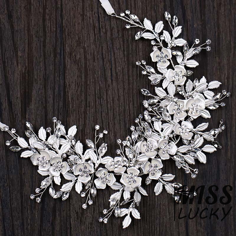 Băng đô trang trí hình dây hoa lá đính pha lê thủ công sang trọng cho cô dâu