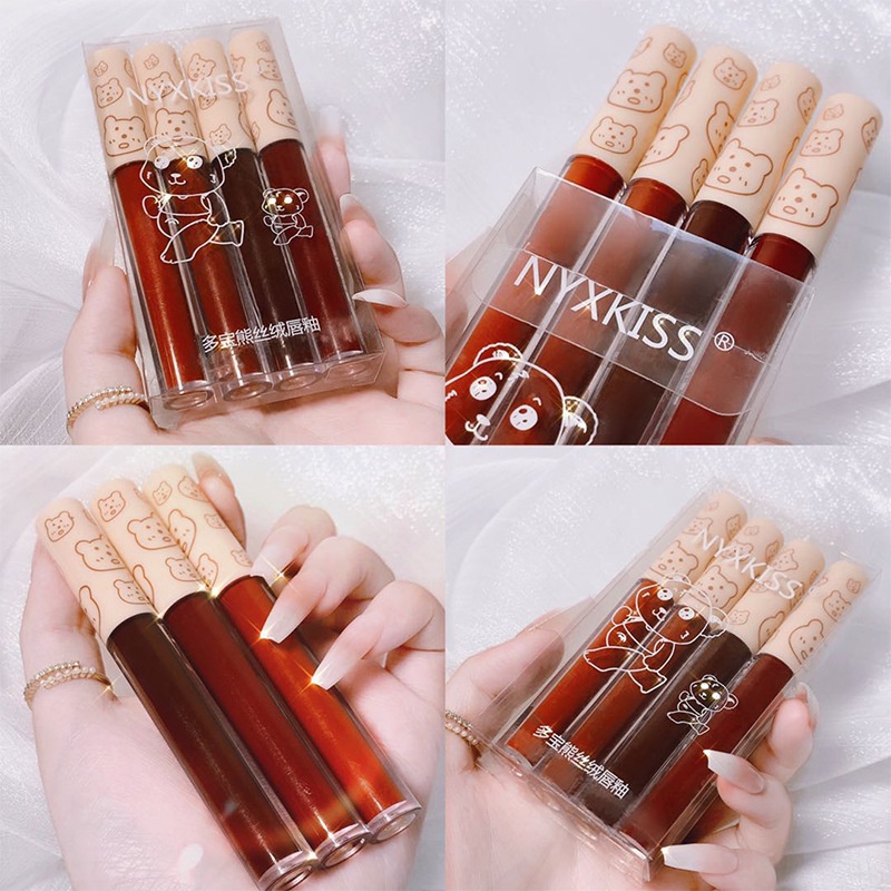 Set 4 Son Kem Lì Lâu Trôi Dễ Lên Màu Thiết Kế Hình Gấu Xinh Xắn