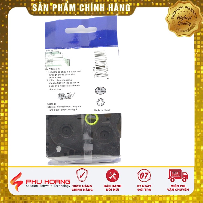 Ống Co Nhiệt HS2-621, chữ đen trên nền vàng, kích thước 8.8mm * 1.5M, máy in nhãn Brother P-Touch, Phu Hoang Company