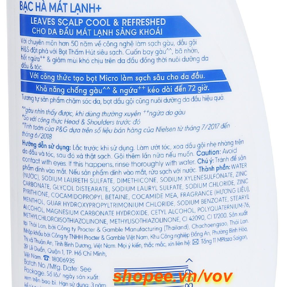 Dầu gội trị gàu 850ml Head & Shoulders Cool Menthol Công thức tinh dầu bạc hà mát, 100% chính hãng, vov cung cấp và bảo