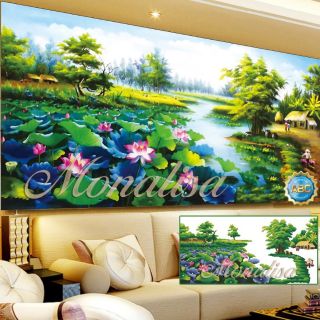 Tranh đính đá đầm sen tuyệt đẹp kt 120*65cm