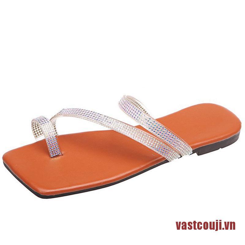 VastcouJI Women Flip Flops Slippers Crystal Shining Flat Square Toe Outdoor Beach S
