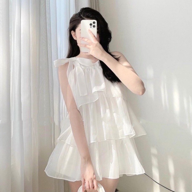Áo Yếm Voan Kính Thắt Dây Nơ - Áo Hở Vai Voan 3 Tầng Sang Chảnh Nơ Cổ Đi Chơi Dự Tiệc