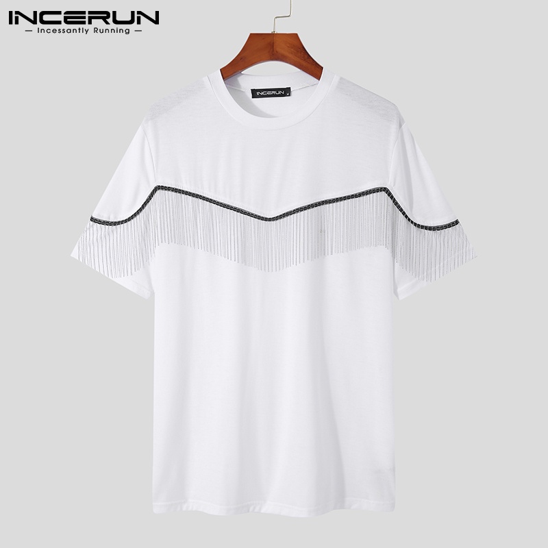 Áo thun INCERUN ngắn tay cổ tròn phối tua rua 3 màu tùy chọn phong cách thời trang cho nam