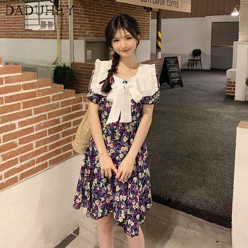 Đầm Tay Ngắn Cổ Thủy Thủ Thắt Eo Mẫu Mới 2021 Thời Trang Phương Tây Cho Nữ