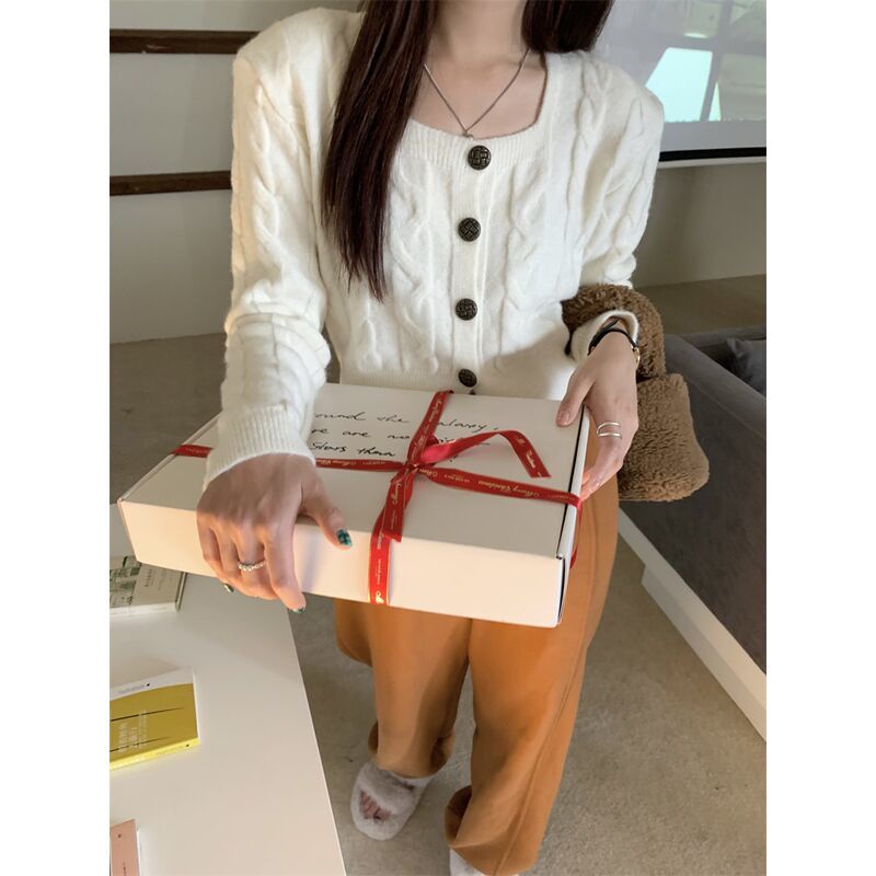 Áo Khoác Cardigan Dệt Kim Dáng Rộng Màu Đỏ Phong Cách Cổ Điển Mừng Năm Mới