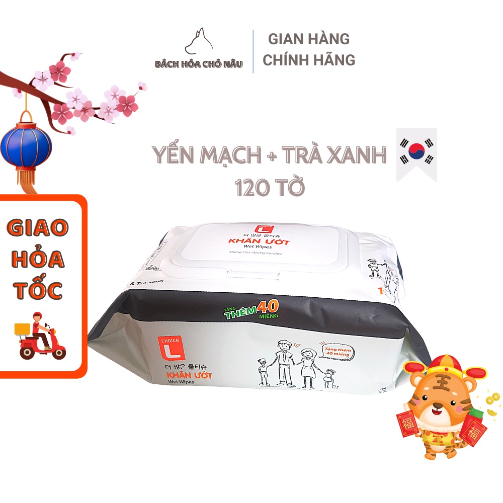 MỚI VỀ SX 5/22 Khăn Giấy Ướt Hàn Quốc LOTTE Choice L 120 Tờ Chiết xuất Yến Mạch Trà Xanh