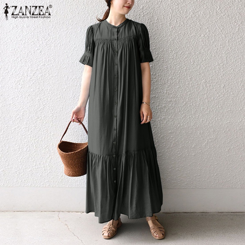 Đầm dài ZANZEA cổ tròn tay ngắn xếp ly màu trơn đơn giản thời trang cho nữ