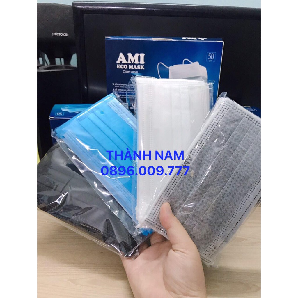 Màu Đen Hộp Khẩu Trang Y Tế AMI 4 Lớp, Có Lớp Than Hoạt Tính (Hộp 50 chiếc)