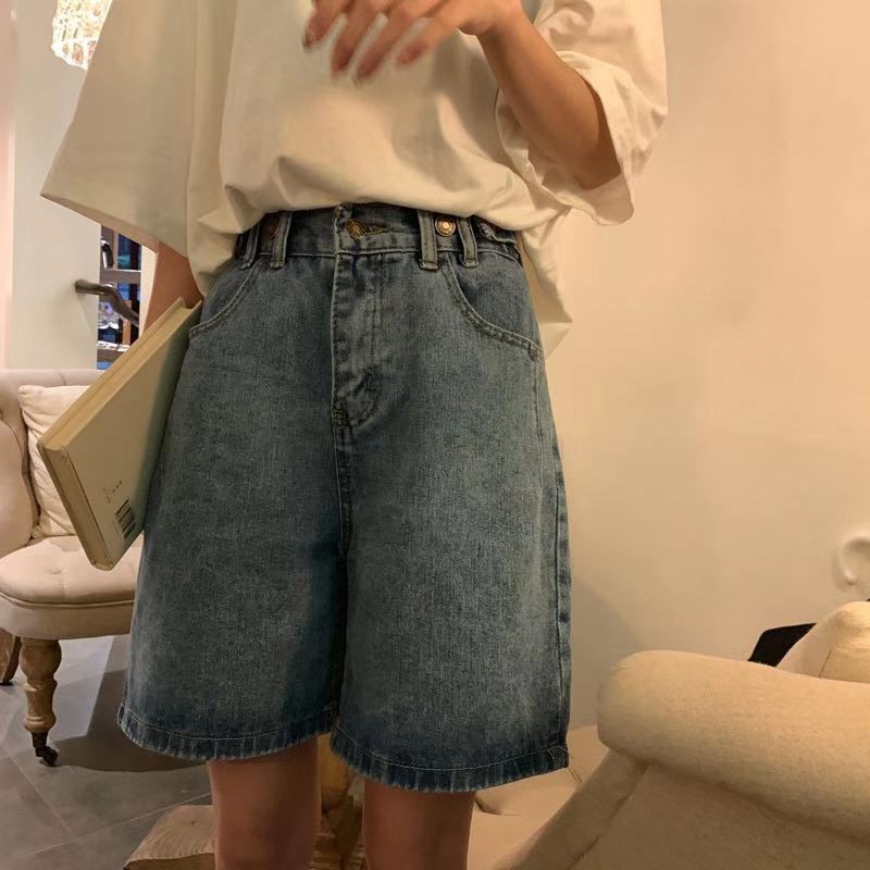 Xiaozhainv Quần đùi denim lưng cao dáng rộng phong cách cổ điển cho nữ | BigBuy360 - bigbuy360.vn