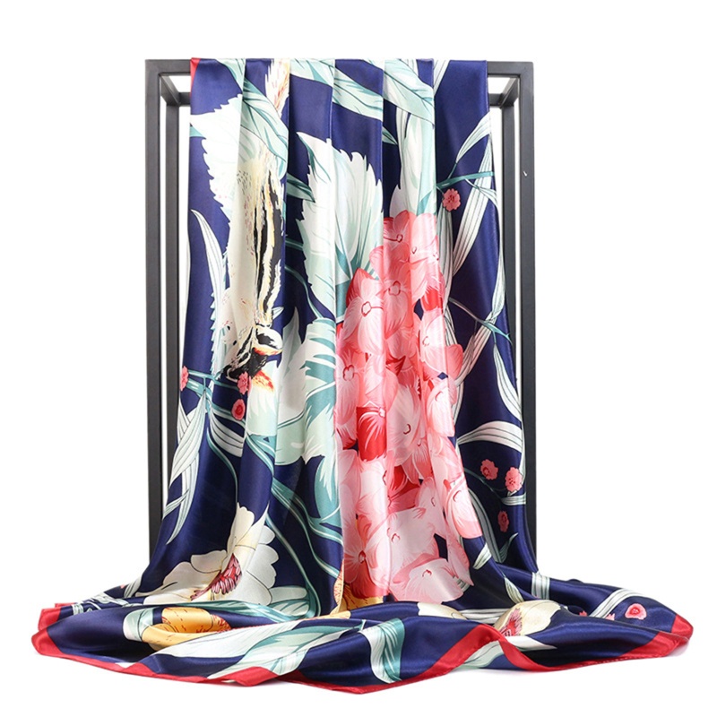 Khăn Choàng Lụa Satin Vuông 90x90cm In Họa Tiết Hoa Lá Thanh Lịch Thời Trang Cho Nữ