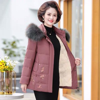 Áo khoác phao trung niên nữ lót lông cao cấp, hoạ tiết hoa, phối cổ lông ấm áp NV0568