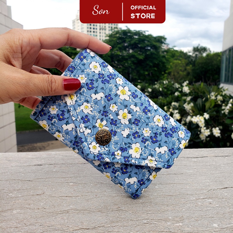 Ví Handmade Nữ Hoa Xanh Vải Thô Nắp Gập Thời Trang
