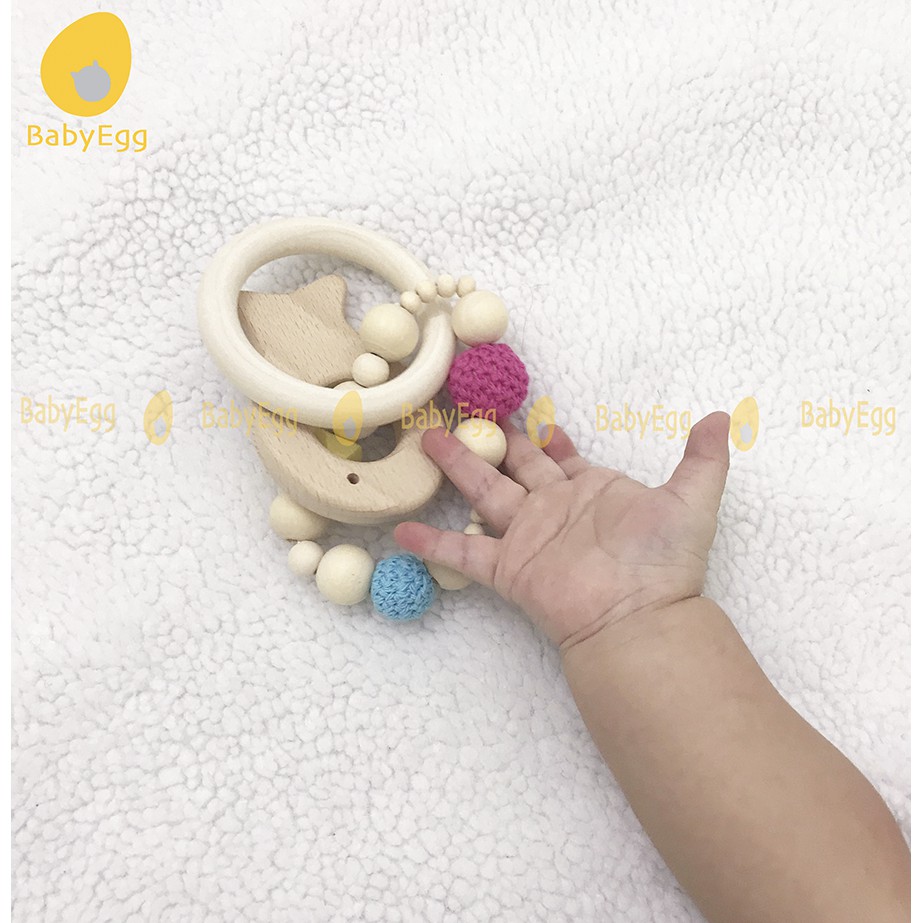 Vòng gỗ cầm tay an toàn xúc xắc lục lạc treo nôi nhiều màu hình cá ngựa hoa sao cho bé sơ sinh cầm nắm bé trai bé gái